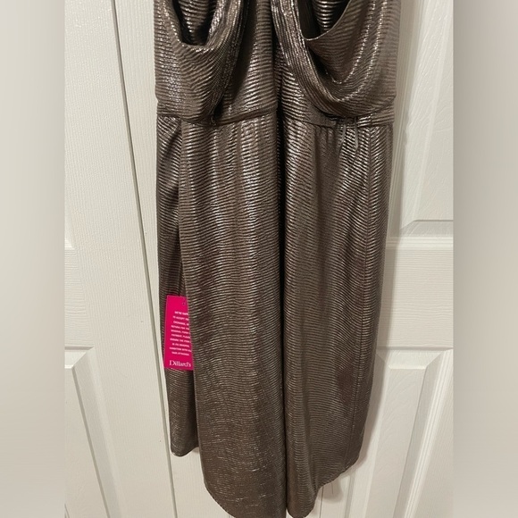 Halston Women’s Hi low Drape Metallic Gunmetal Racer back Midi dress size 8 - Picture 6 of 16